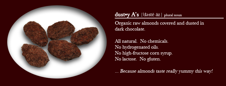 dusty As - Organic raw almonds covered and dusted in dark chocolate