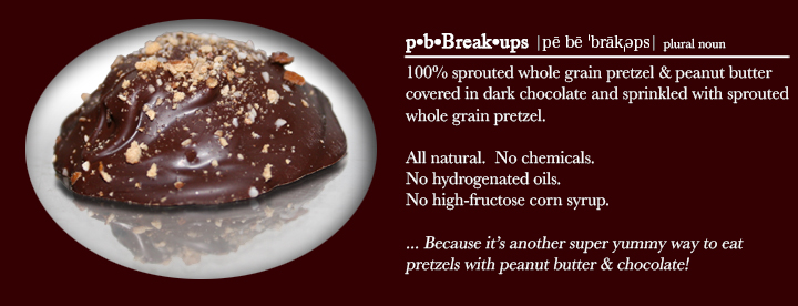 pbBreakups - sprouted whole grain pretzel and peanut butter covered in dark chocolate